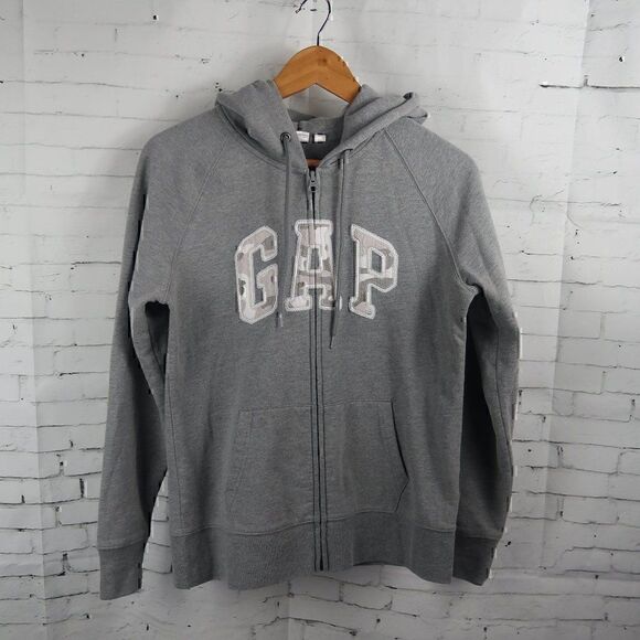 GAP GREY FULL ZIP HOODIE SWEATSHIRT WITH  CAMO APPLIQUE GAP LOGO SIZE MEDIUM - Picture 1 of 7